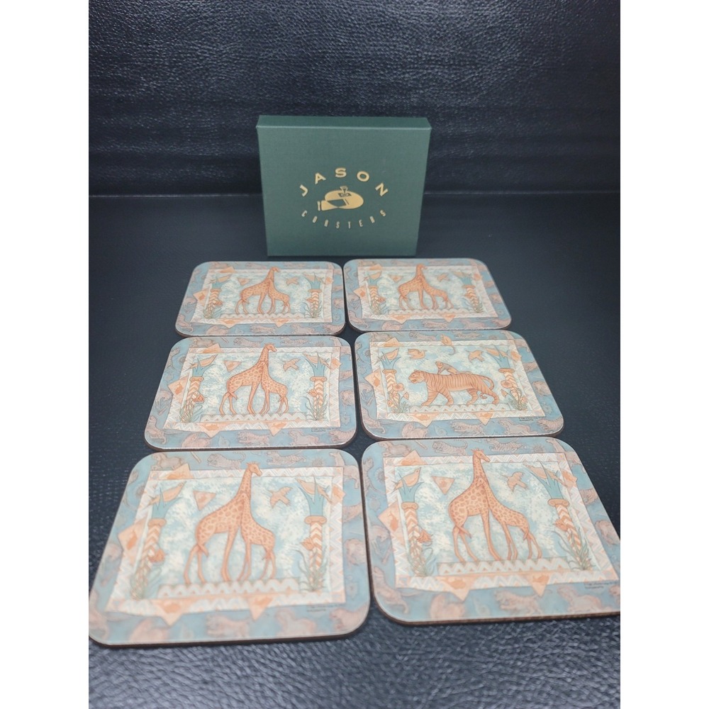 Jason Vintage Giraffe Tiger Coasters Set of 6 Animal Magic Cork Back NIB D2601
